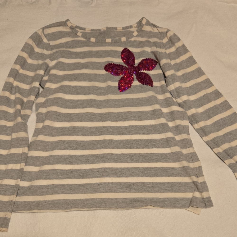 OshKosh B'gosh Gray and White Striped Top with Pink Sequin Flower